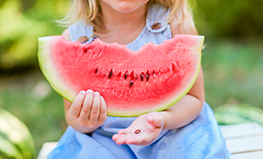 Preschool student enjoying a slice of watermelon