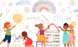Cartoon drawing of preschool students engaged in learning